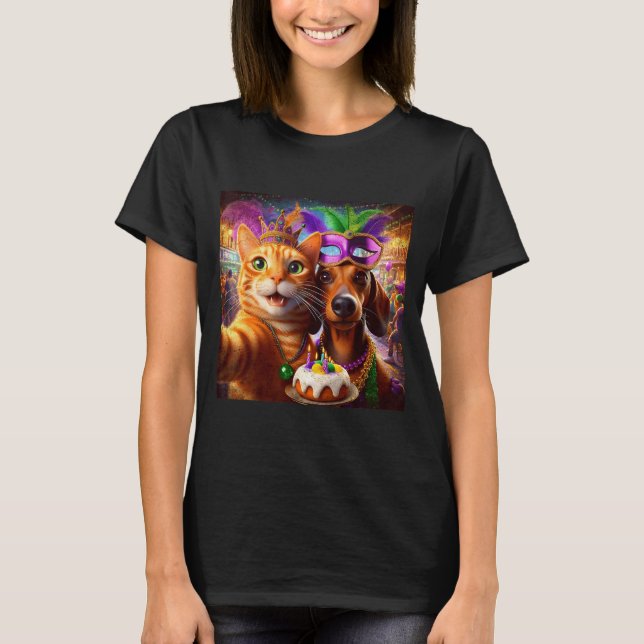 Funny Mardi Gras Cat Dachshund Selfie Squad  T Shirt (Framsida)