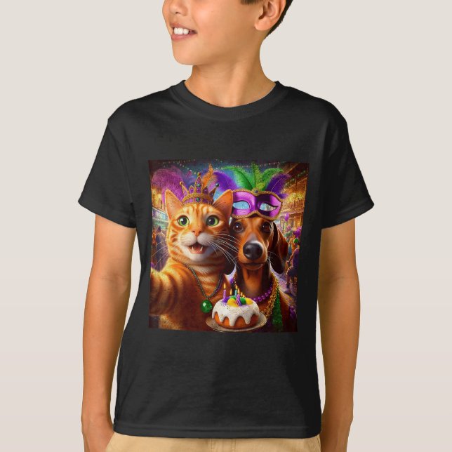 Funny Mardi Gras Cat Dachshund Selfie Squad  T Shirt (Framsida)