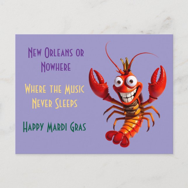 Funny Mardi Gras Crawfish - New Orleans or Nowhere Vykort (Framsida)