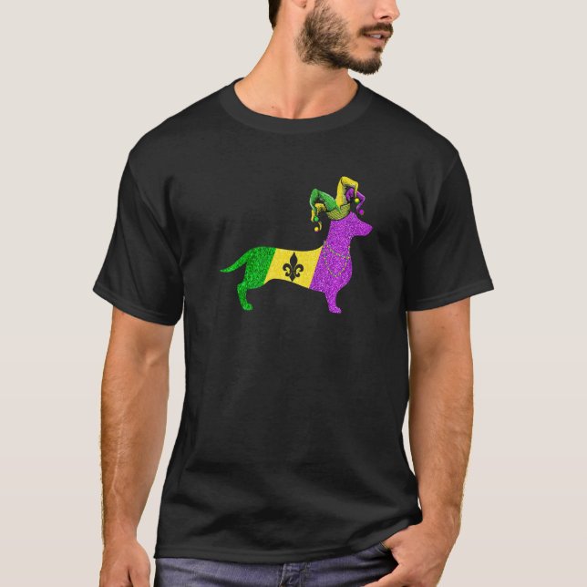 Funny Mardi Gras Dachshund Dog Mardi Gras Hat Bead T Shirt (Framsida)