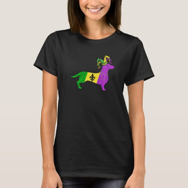 Funny Mardi Gras Dachshund Dog Mardi Gras Hat Bead T Shirt (Framsida)
