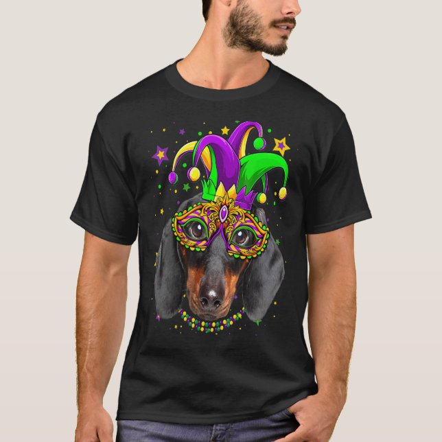 Funny Mardi Gras Dachshund Hund Pärlor Mask Mardi  T Shirt (Framsida)