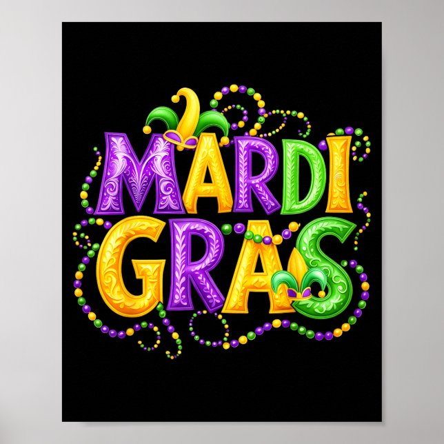 Funny Mardi Gras Parade Jester Hat Beads Men Women Poster (Framsidan)