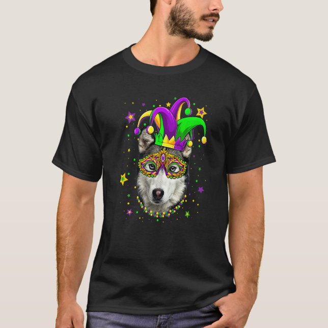 Funny Mardi Gras Siberian Husky Dog Beads Mask Mar T Shirt (Framsida)