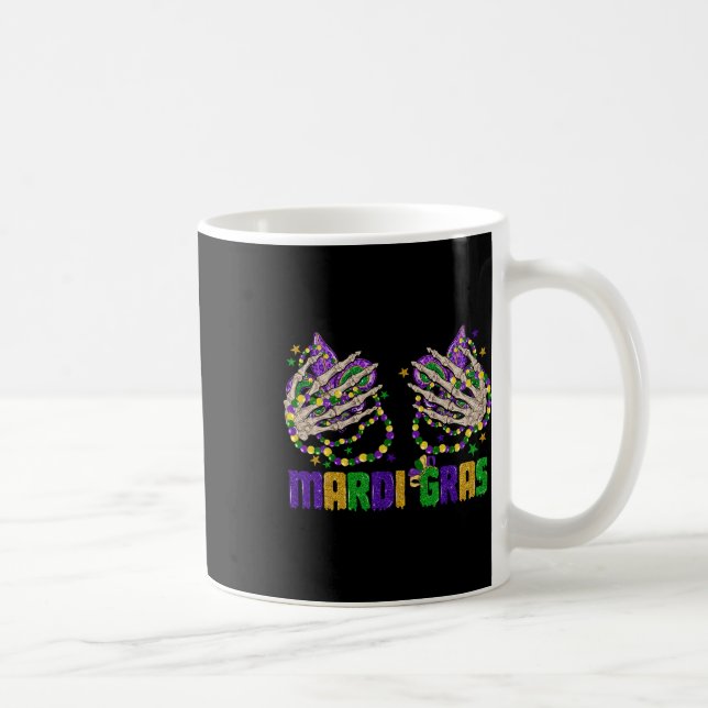 Funny Mardi Gras Skeleton Händer med Pärlor och fi Kaffemugg (Höger)