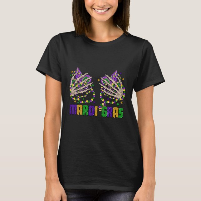 Funny Mardi Gras Skeleton Händer med Pärlor och fi T Shirt (Framsida)