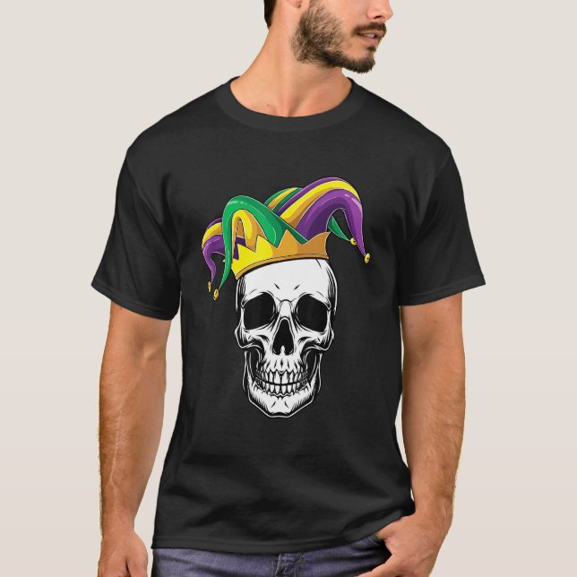 Funny Mardi Gras Skull Jester Hat Parad Costume M T Shirt (Framsida)