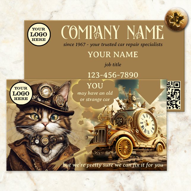 Funny mekaniskt reparationsvarv för bilar visitkort (Business card showing a funny and whimsical design with an image of a steampunk cat with odd vehicle)