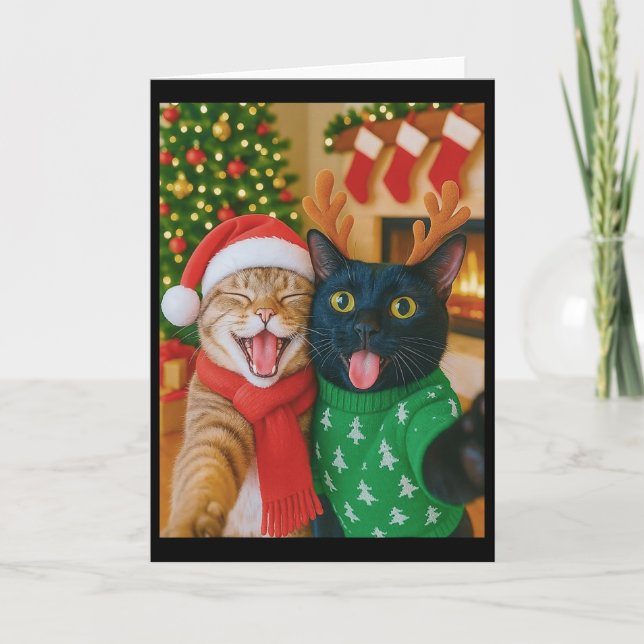Funny Meme Cat Taking A Selfie Christmas Xmas Ligh Kort (Framsida)