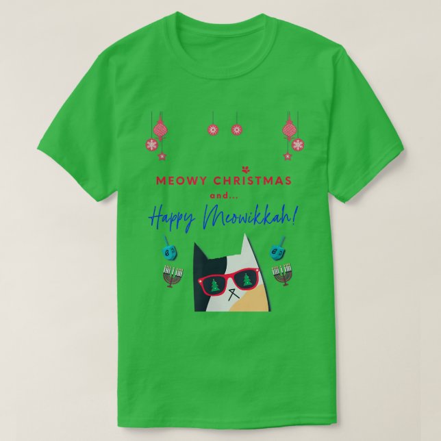 Funny Meow-jul och Lycklig Meowikah Cat Lover T Shirt (Design framsida)