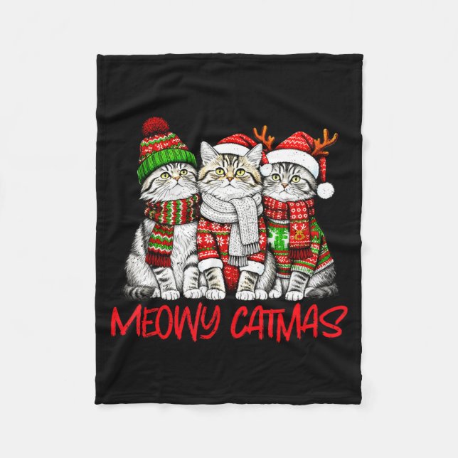 Funny Meowy Catmas Christmas Cats Ugly Sweater Gra Fleecefilt (Framsidan)