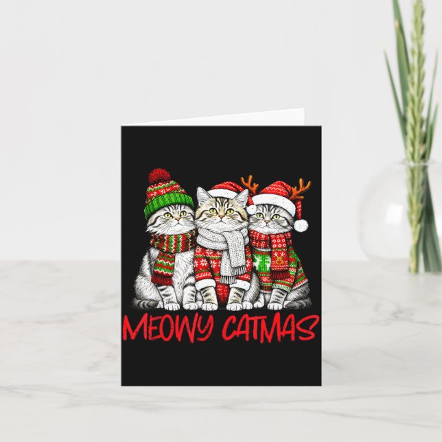 Funny Meowy Catmas Christmas Cats Ugly Sweater Gra Kort (Framsida)