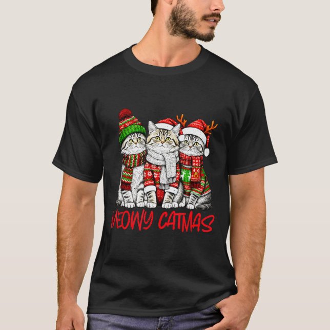 Funny Meowy Catmas Christmas Cats Ugly Sweater Gra T Shirt (Framsida)