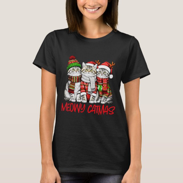 Funny Meowy Catmas Christmas Cats Ugly Sweater Gra T Shirt (Framsida)