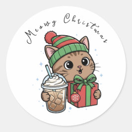 Funny Meowy Christmas Cat Iced Coffee Large Round  Runt Klistermärke