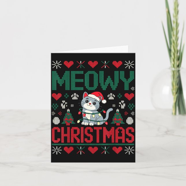 Funny Meowy Christmas Ugly Xmas Cute Lights Cat Sa Kort (Framsida)