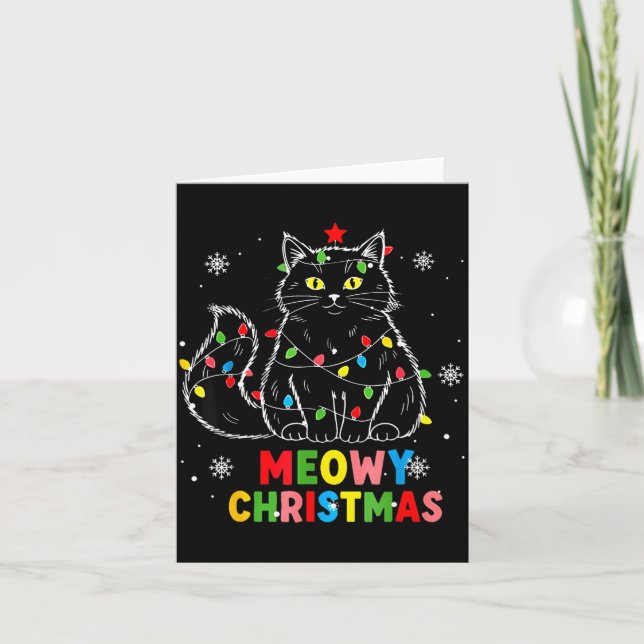 Funny Meowy Christmas Xmas Lights Black Cat Pajama Kort (Framsida)