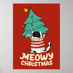 Funny Meowy jul Grumpy Tuxedo Cat Julafton Träd Poster