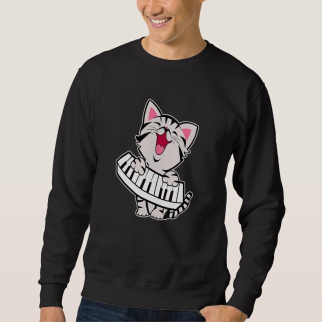 Funny Meowzart Cat Pun Classical Music Piano Keybo Lång Ärmad Tröja (Framsida)