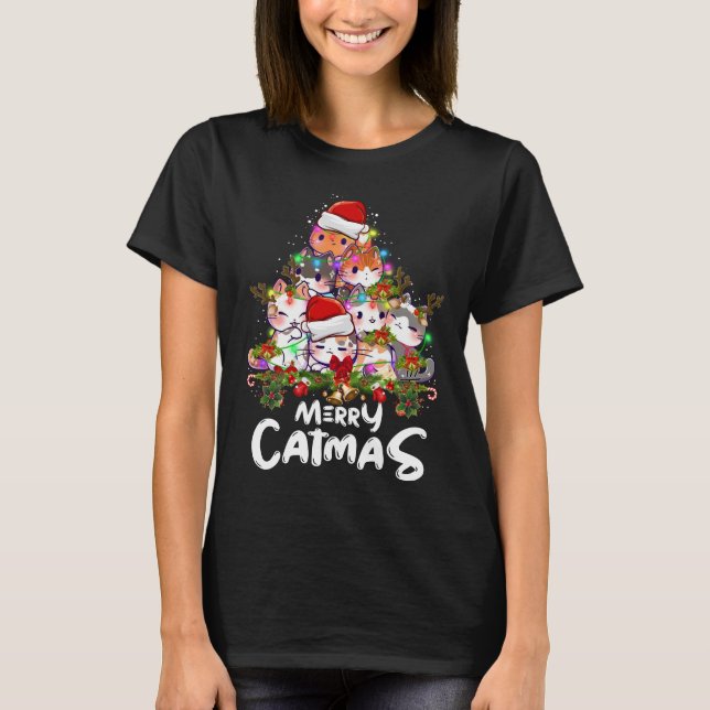 Funny Merry Catmas träd ljus julklapp T Shirt (Framsida)