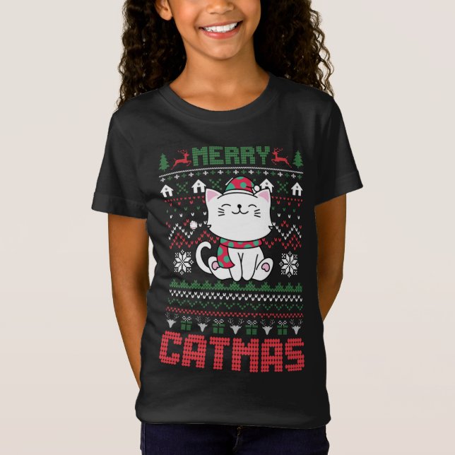 Funny Merry Catmas Ugly jul Sweater Cat Sant T Shirt (Framsida)