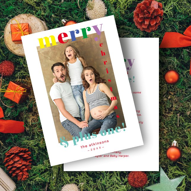 Funny Merry Christmas & Plus One Family Photo Julkort (Funny 'Merry Christmas & Plus One!' Quote Family Photo Holiday Card with Envelope.)