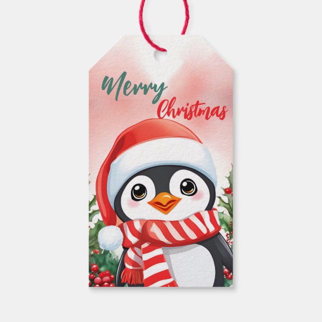 Funny Merry Christmas Wreath Cute Penguin Santa Presentetikett (Baksidan)