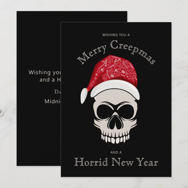 Funny Merry Creepmas Skull Santa Hat-Helgdag kort (Fram/baksida)