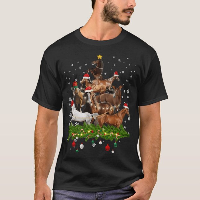 Funny Merry Horse Christmasree Lights Horse Santa  T Shirt (Framsida)