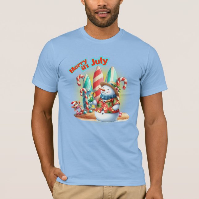 Funny Merry in July Snowman Surfboards on Beach  T Shirt (Framsida)