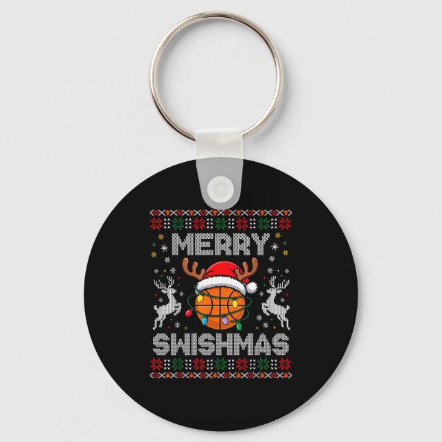 Funny Merry Swishmas Basketball Christmas Reindeer Nyckelring (Framsida)