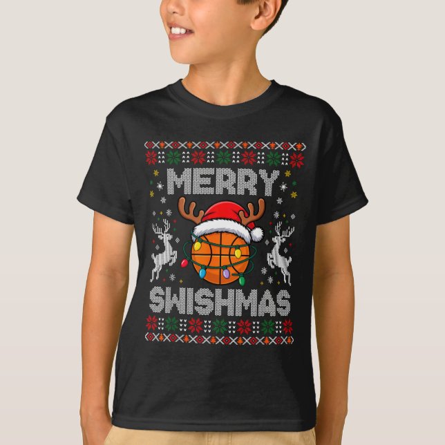 Funny Merry Swishmas Basketball Christmas Reindeer T Shirt (Framsida)