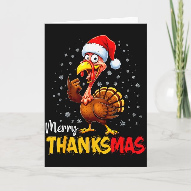 Funny Merry Thanksmas Turkey Santa Hat Thanksgivin Kort (Framsida)