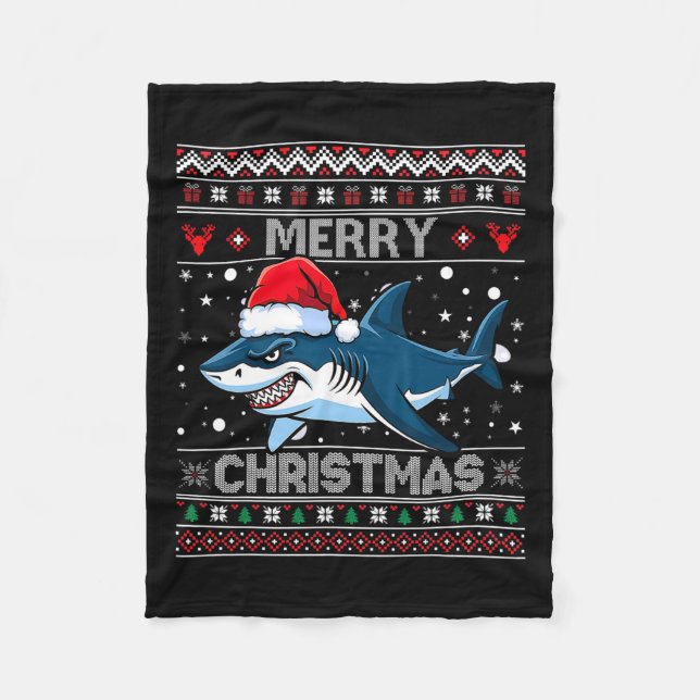 Funny Merry Ugly jul Shark Santa Hat Ljus Fleecefilt (Framsidan)
