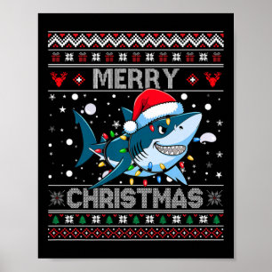 Funny Merry Ugly jul Shark Santa Hat Ljus Poster