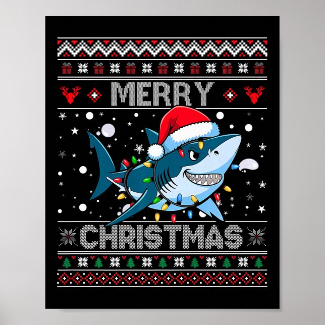 Funny Merry Ugly jul Shark Santa Hat Ljus Poster (Framsidan)