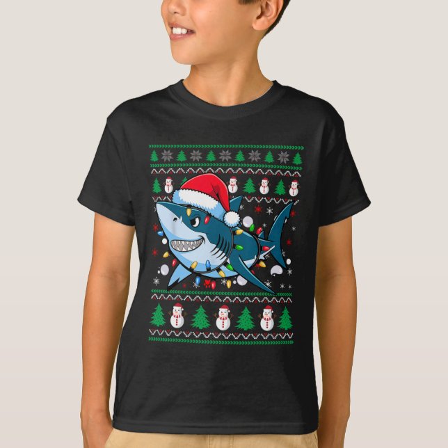 Funny Merry Ugly jul Shark Santa Hat Ljus T Shirt (Framsida)