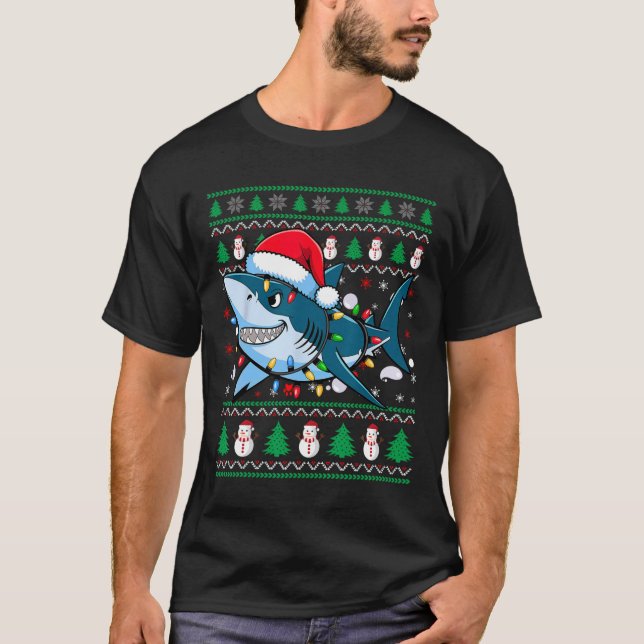 Funny Merry Ugly jul Shark Santa Hat Ljus T Shirt (Framsida)