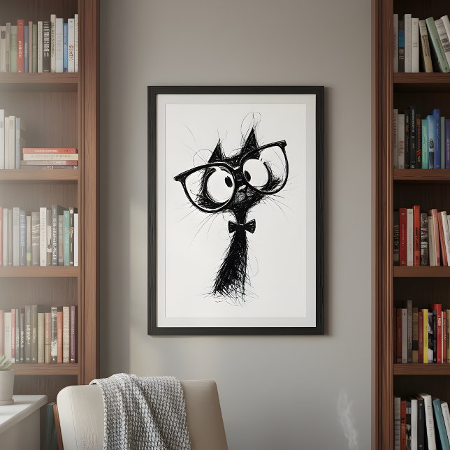 Funny Minimalist Whimsical Nerd Cat with Glasses Poster (Skapare uppladdad)
