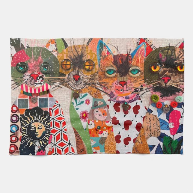 Funny Mixed Media Paper Cat Kitchen Towel Kökshandduk (Horisontell)