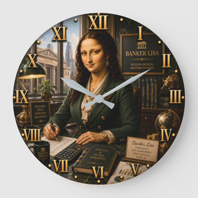 Funny Mona Lisa Banker  Banking Office Decor Stor Klocka (Framsida)