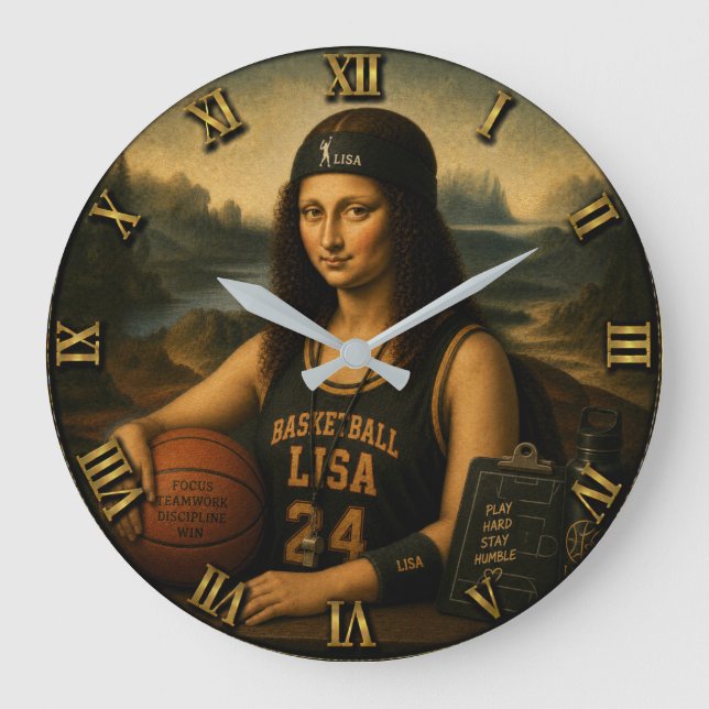 Funny Mona Lisa Basketball Stor Klocka (Framsida)