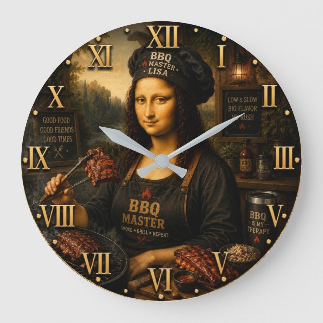 Funny Mona Lisa BBQ Master Barbecue Grill Decor Stor Klocka (Framsida)