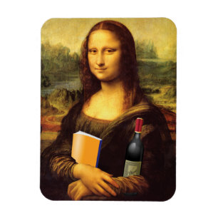 Funny Mona Lisa med Vin och Bok Magnet