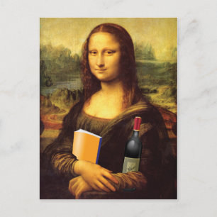 Funny Mona Lisa med Vin och Bok Vykort
