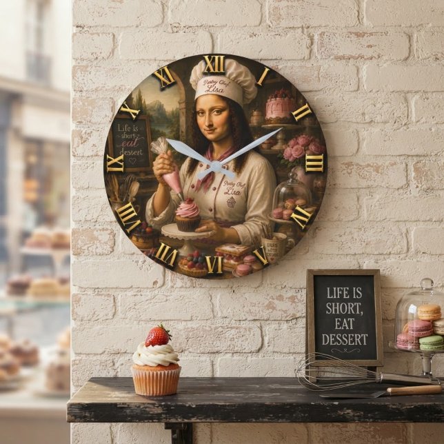 Funny Mona Lisa Pastry Chef Bakery Kitchen Decor Stor Klocka (Skapare uppladdad)