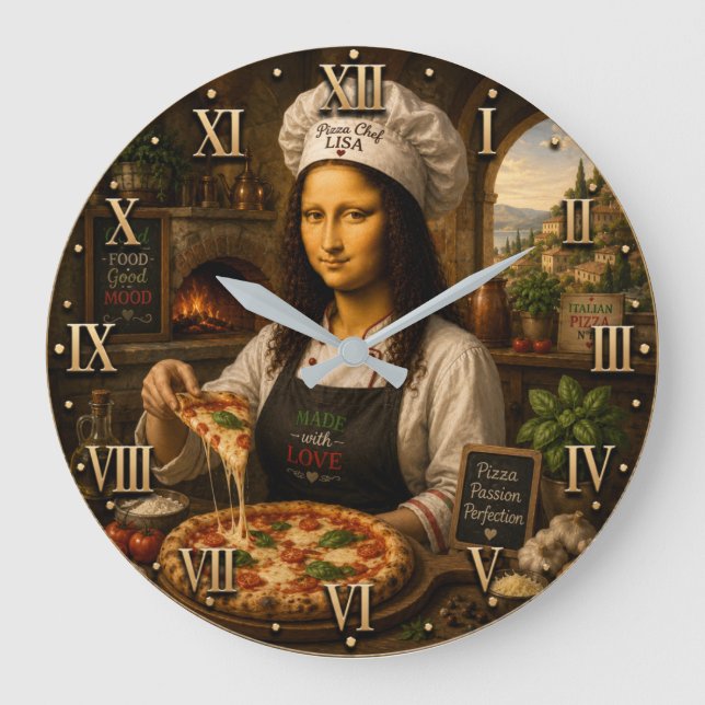 Funny Mona Lisa Pizza Chef Italian Pizzeria  Stor Klocka (Framsida)