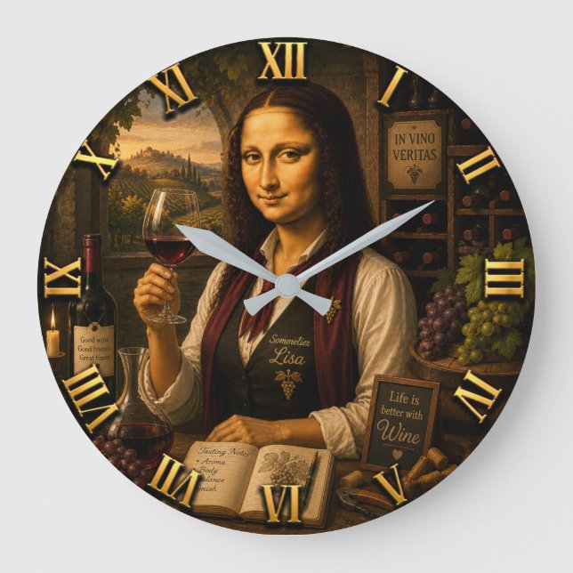 Funny Mona Lisa Sommelier Wine Lover Vineyard Stor Klocka (Framsida)