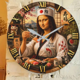 Funny Mona Lisa Sushi Chef Japanese Kitchen Decor Stor Klocka