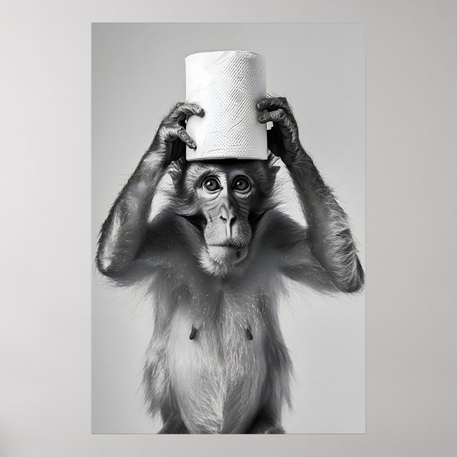 Funny Monkey Bathroom Print, Toilet Paper Hat Poster (Framsidan)
